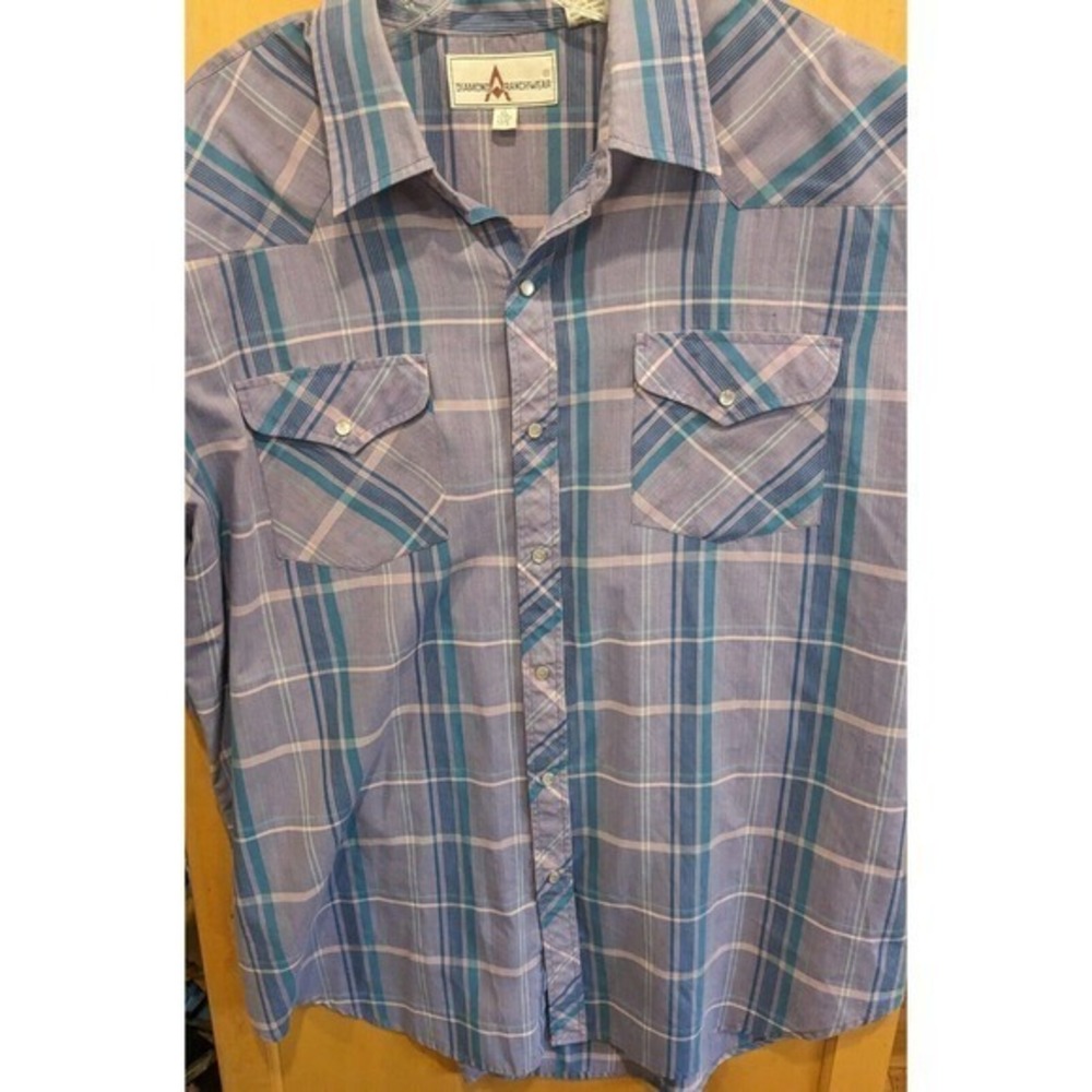 Diamond Ranchwear Shirt XL Blue Snap Button Up Short Sleeve Western Cowboy 17.5